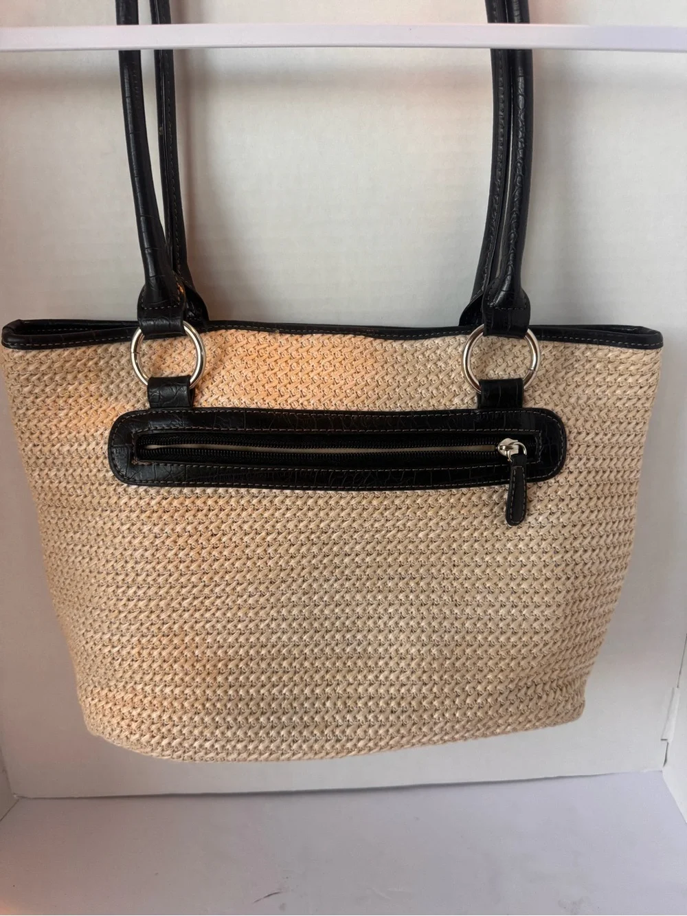 Giani Bernini Woven Straw Shoulder Tote Bag Black Croc Trim Silver GB Medallion